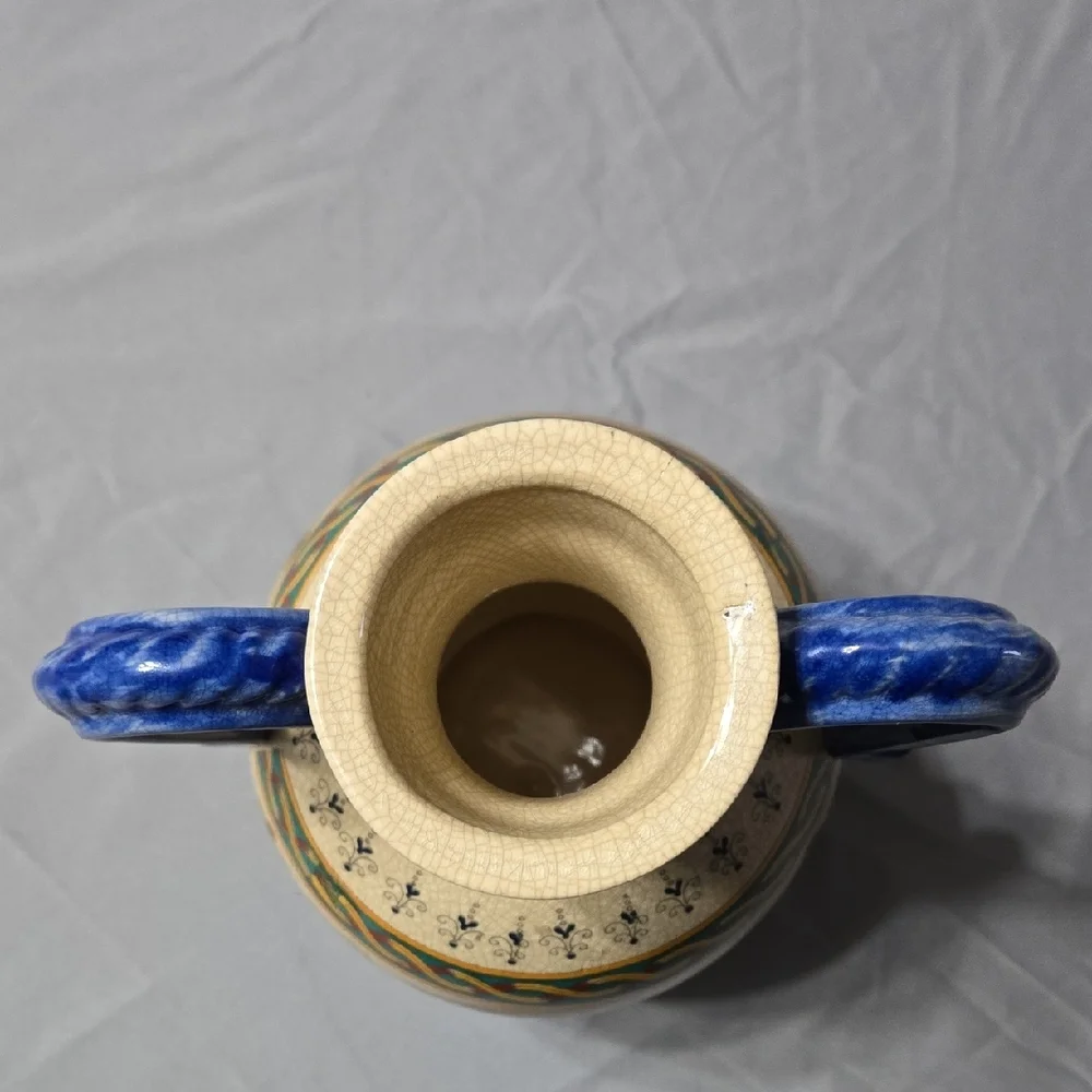 Artisan Ceramic Vase with Blue and Yellow Floral Design